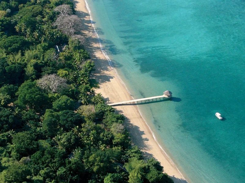 Vue aérienne d'une plage de Mayotte bordée de forêt, avec son ponton